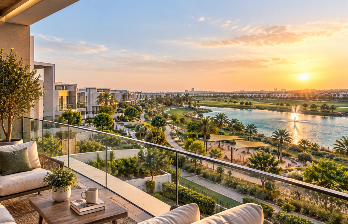 Modern villa community in Dubai overlooking a landscaped lagoon and green spaces