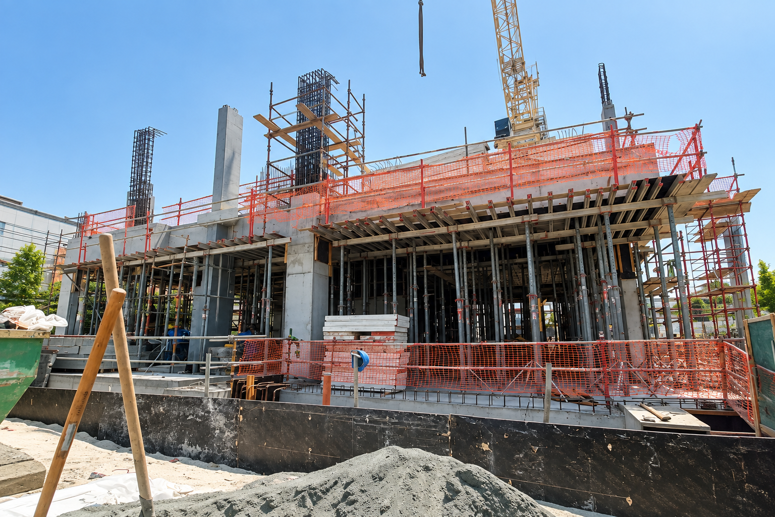 La Mer Villa construction progress showing structural works, concrete slabs, rebar and scaffolding