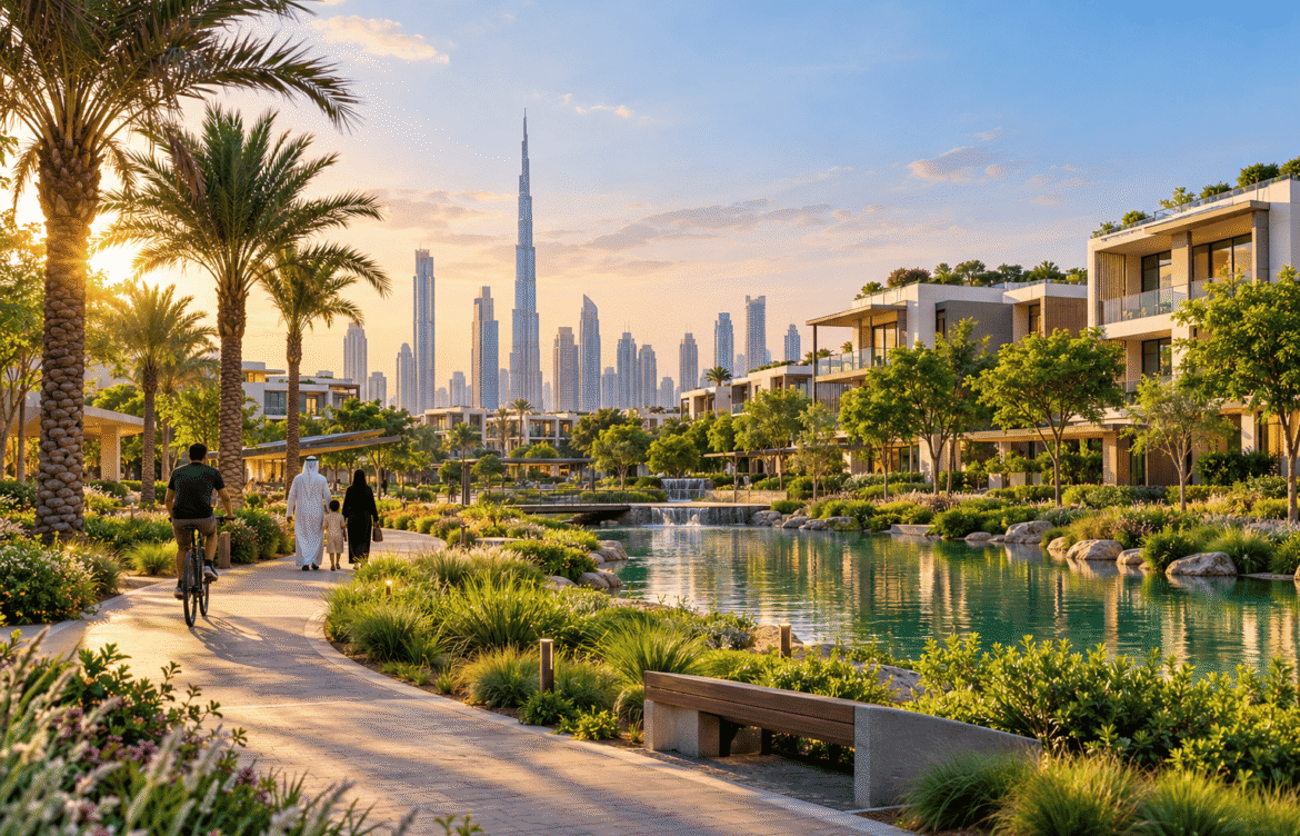 Nature-led residential community in the UAE with landscaped green spaces, walking paths, water features and modern homes